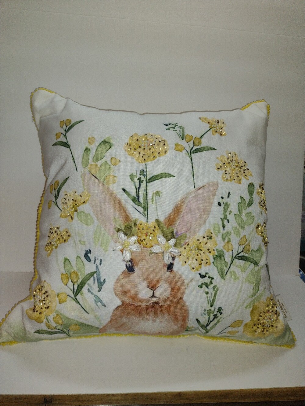 Isaac Mizrahi 19 X19 Yellow Pom-Trim Decorative Pillow Bunny & Beaded Floral